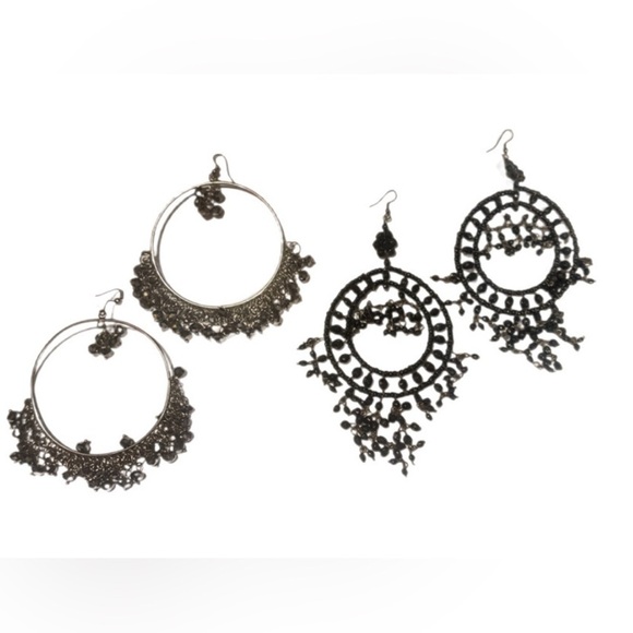 None Jewelry - Lot of 2 Statement Circular Trend Black Bohemian Hoop and Chandelier Earrings OS